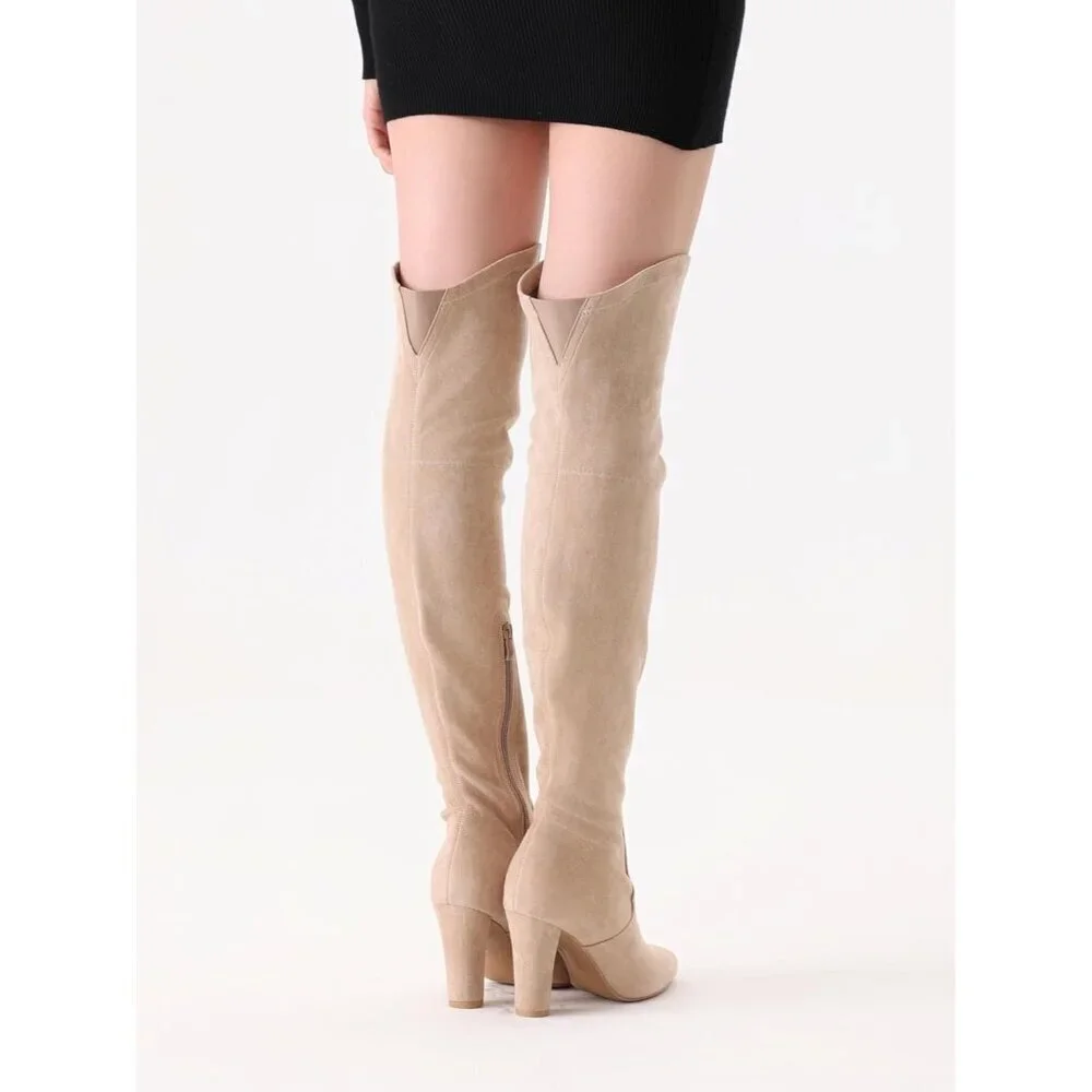 Women Khaki Suede Stretch Thigh High Over The Knee Chunky Heel Pointed Toe Boots